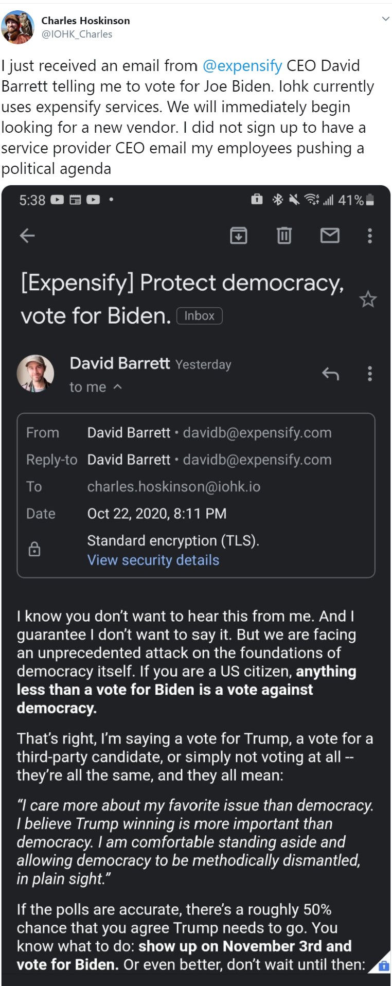 Charles Hoskinson phản ứng kịch liệt khi nhận được email yêu cầu bỏ phiếu cho Joe Biden