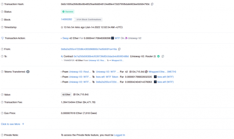 Một người dùng đã chi 42 ETH để mua token "WTF" với giá trị bằng 0 đô la ngay sau khi đầu tư vào một token bị kéo thảm