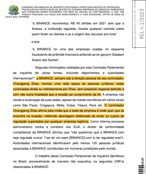 Quốc hội Brazil đưa Changpeng Zhao vào tầm ngắm