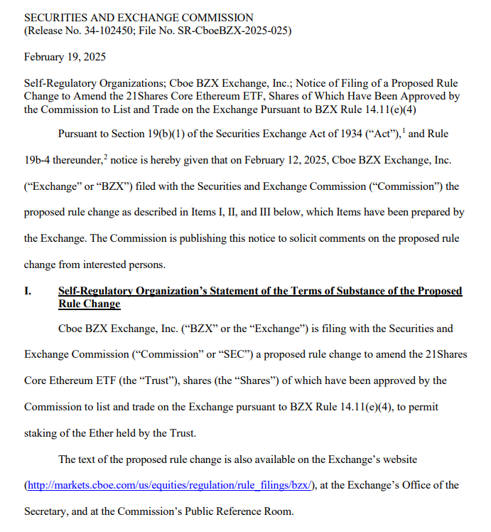 SEC thừa nhận đề xuất của 21Shares cho phép staking trên Ethereum ETF