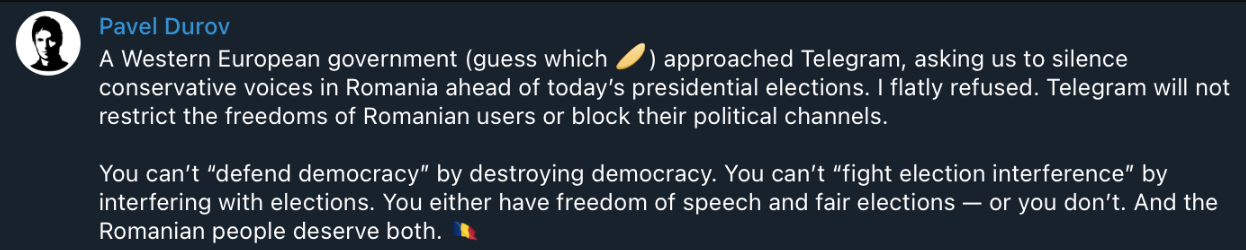 Pavel Durov từ chối kiểm duyệt nội dung chính trị trước bầu cử Romania