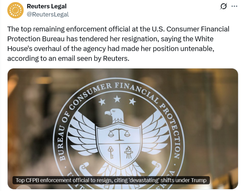 Người thực thi hàng đầu của CFPB rời đi với email chỉ trích gay gắt về Trump