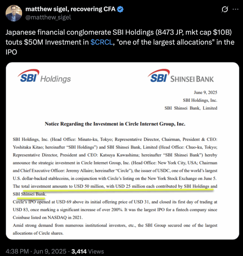 SBI Holdings tiết lộ khoản đầu tư 50 triệu đô la vào cổ phiếu Circle (CRCL)