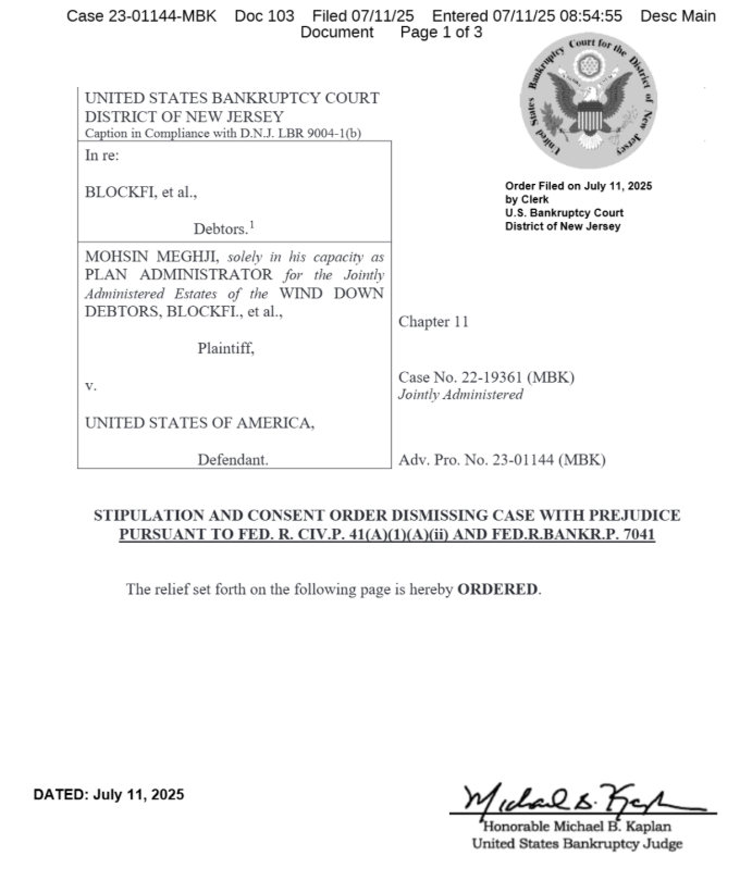 Quản trị viên phá sản BlockFi và Bộ Tư pháp đồng ý bác bỏ vụ kiện trị giá 35 triệu đô la