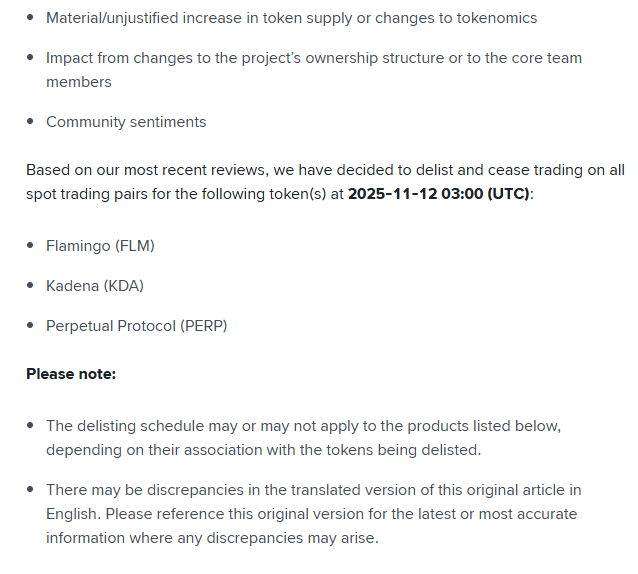 Binance sẽ hủy niêm yết FLM, KDA và PERP vào tháng 11 năm 2025