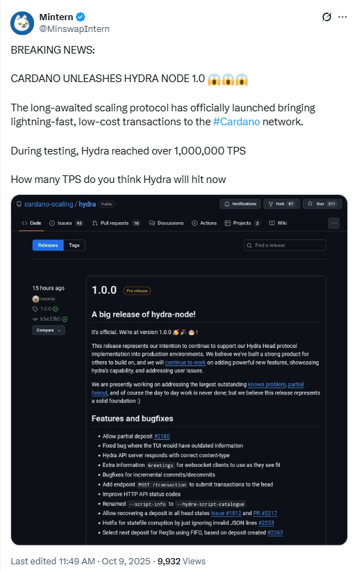 Cardano ra mắt Hydra Node 1.0 trong bối cảnh thúc đẩy ZK Evolution