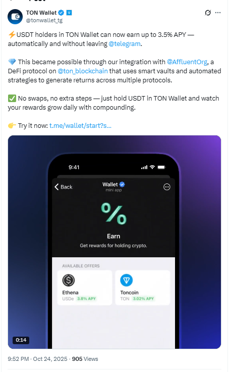 Ví Telegram hợp tác với Affluent để mang lại lợi nhuận DeFi USDT dễ dàng cho hàng triệu người