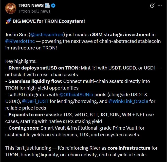 Justin Sun mở rộng quan hệ đối tác bằng việc đầu tư Riverdot Inc nhưng giá TRX vẫn giảm?