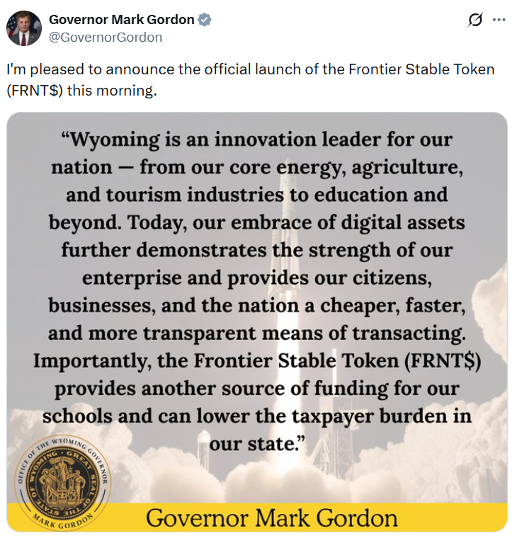 Bang Wyoming chính thức ra mắt stablecoin FRNT do tiểu bang hậu thuẫn cho công chúng