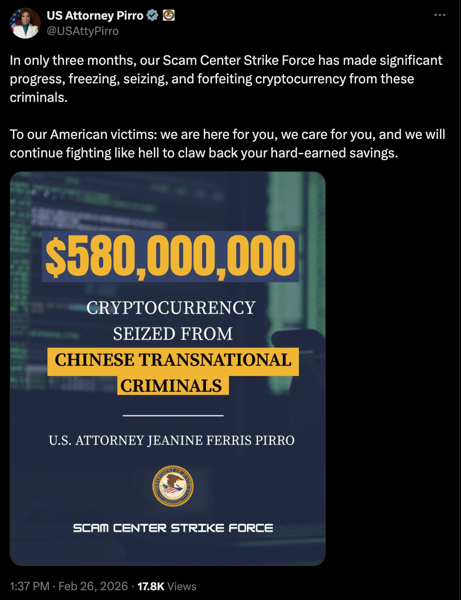 Hoa Kỳ đã tịch thu và đóng băng 580 triệu đô la tiền điện tử từ “các tội phạm xuyên quốc gia Trung Quốc”