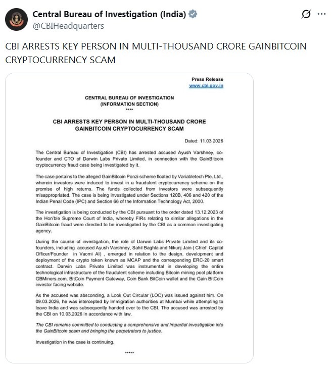 Ấn Độ bắt giữ đồng sáng lập Darwin Labs trong cuộc điều tra lừa đảo GainBitcoin