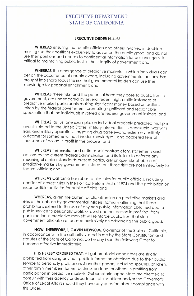 Thống đốc California ký sắc lệnh cấm giao dịch nội bộ trên thị trường dự đoán